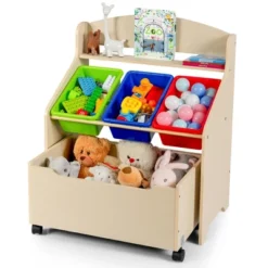 Costway Kids Wooden Toy Storage Unit Organizer W/Rolling Toy Box & Plastic Bins NaturalEspresso -Modern Living Sales GUEST b1538226 2c79 451e 9800 9bc4afb4832c